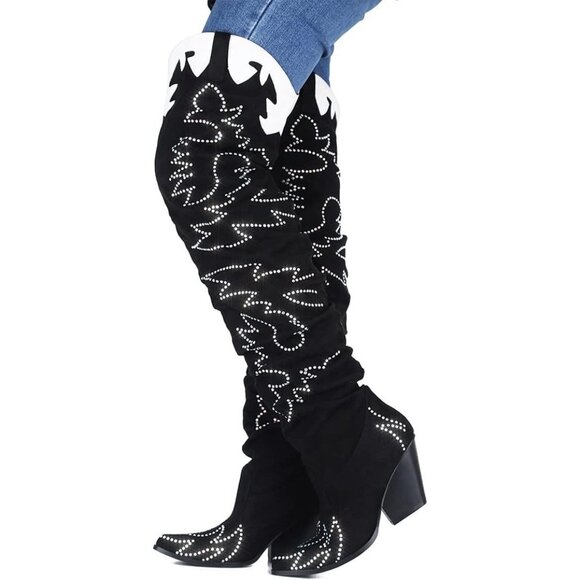 Women Stone Black Fabric Thigh High Over The Knee Pointed Toe Chunky Heel Boot - Picture 4 of 4